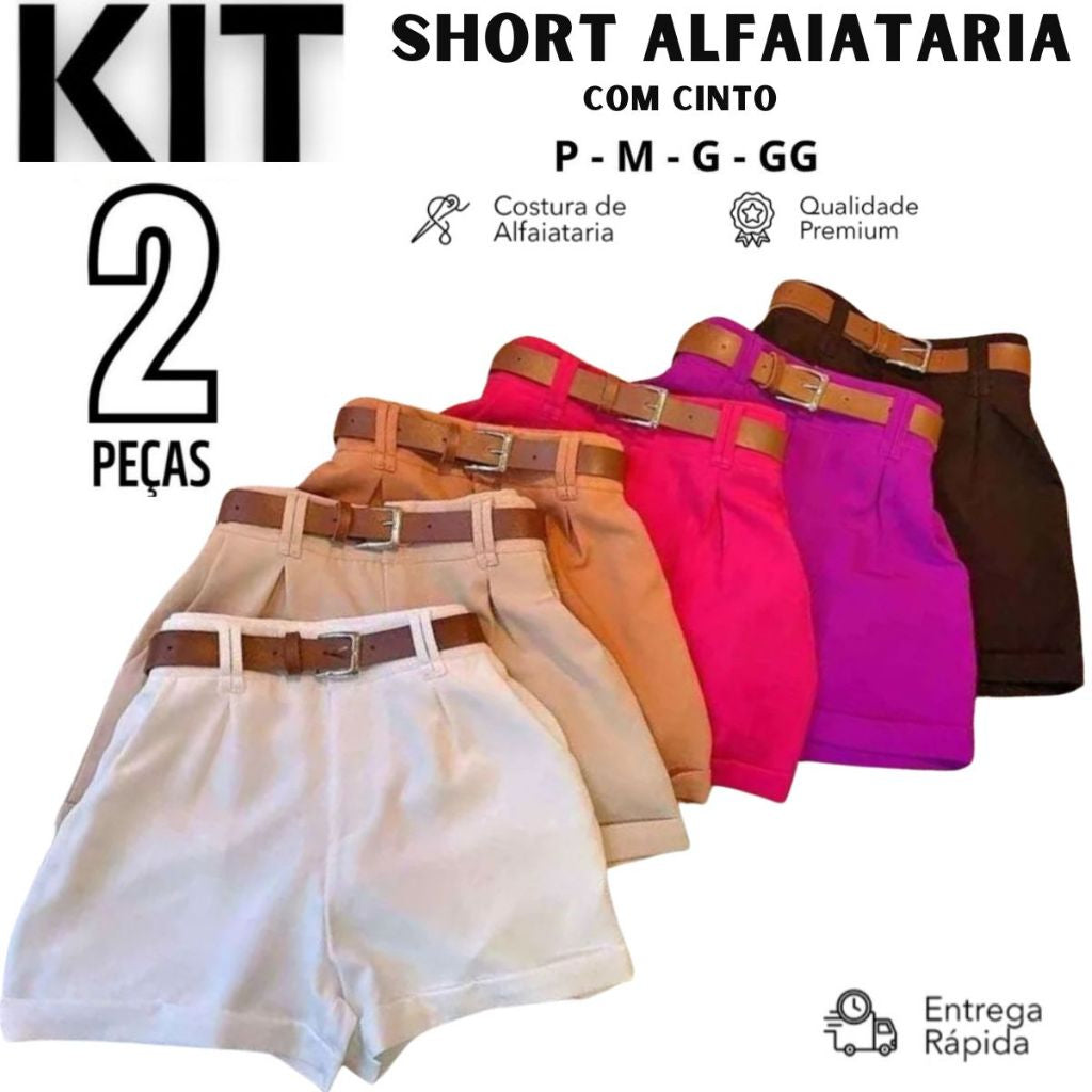 2 Short Feminino Alfaiataria Social + Cinto de Brinde