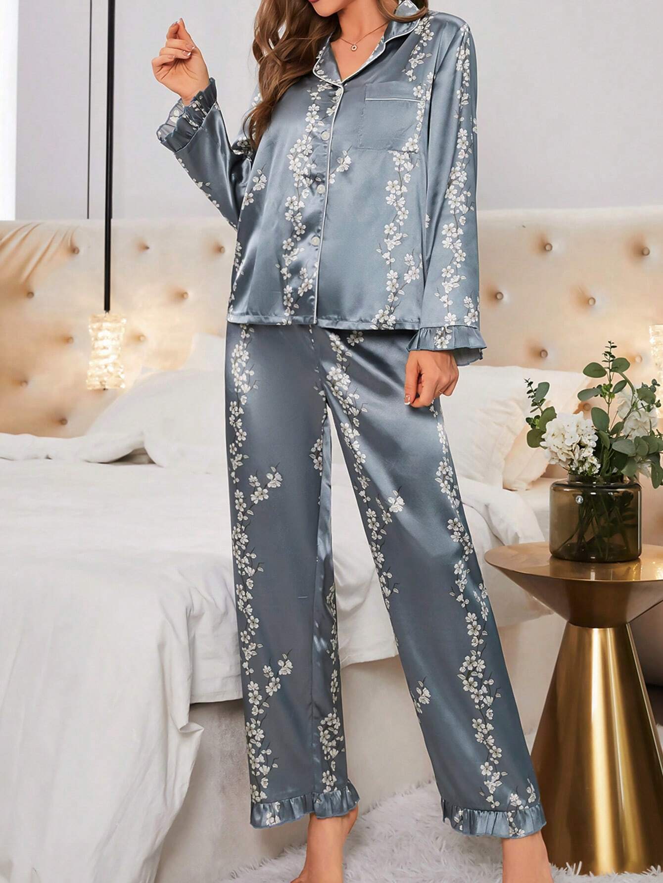 Pijama Americano Feminino Florido Longo Azul