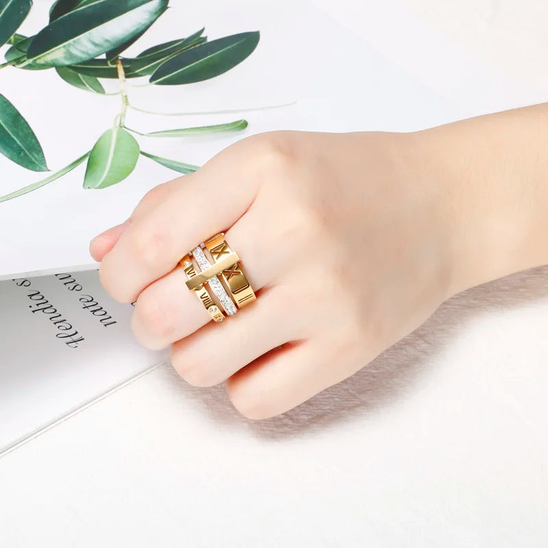 Anel Triplo Aro Algarismo Romano Banhado