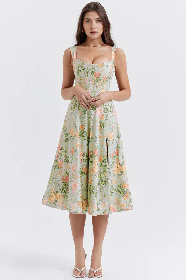 Vestido Midi Viral Modelador de Cintura Floral Modelo Saionara