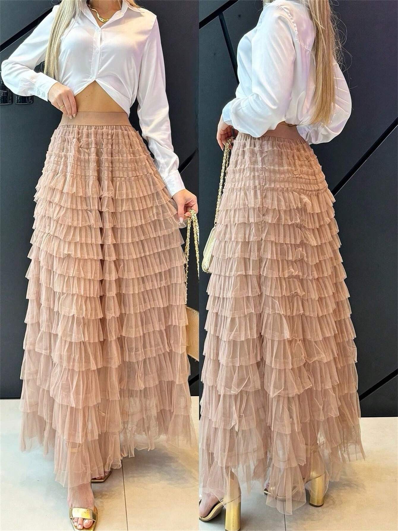 Saia de Tule Longa com Babados em Camadas