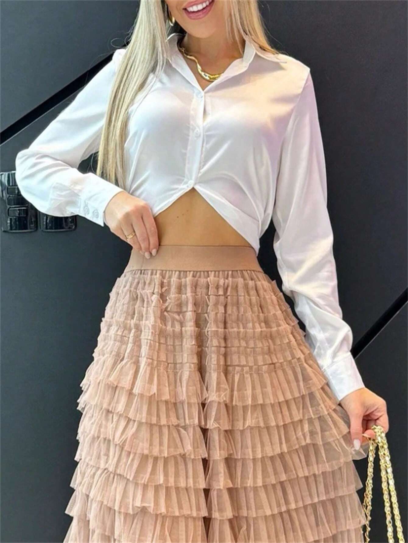 Saia de Tule Longa com Babados em Camadas