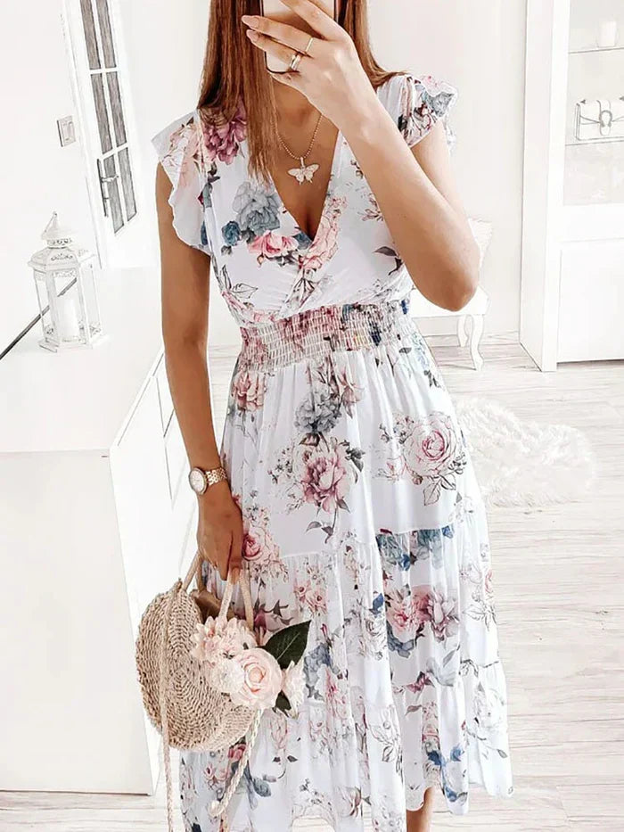 Vestido Midi Floral Cintura Elástica Decote V