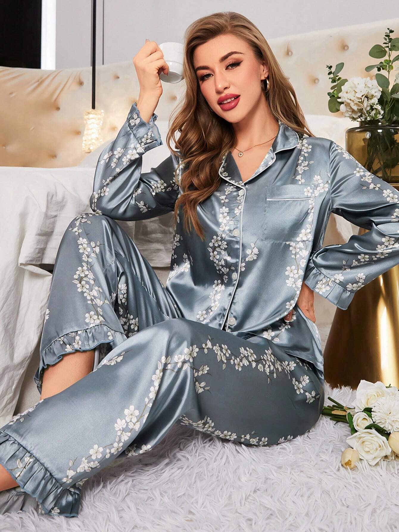 Pijama Americano Feminino Florido Longo Azul