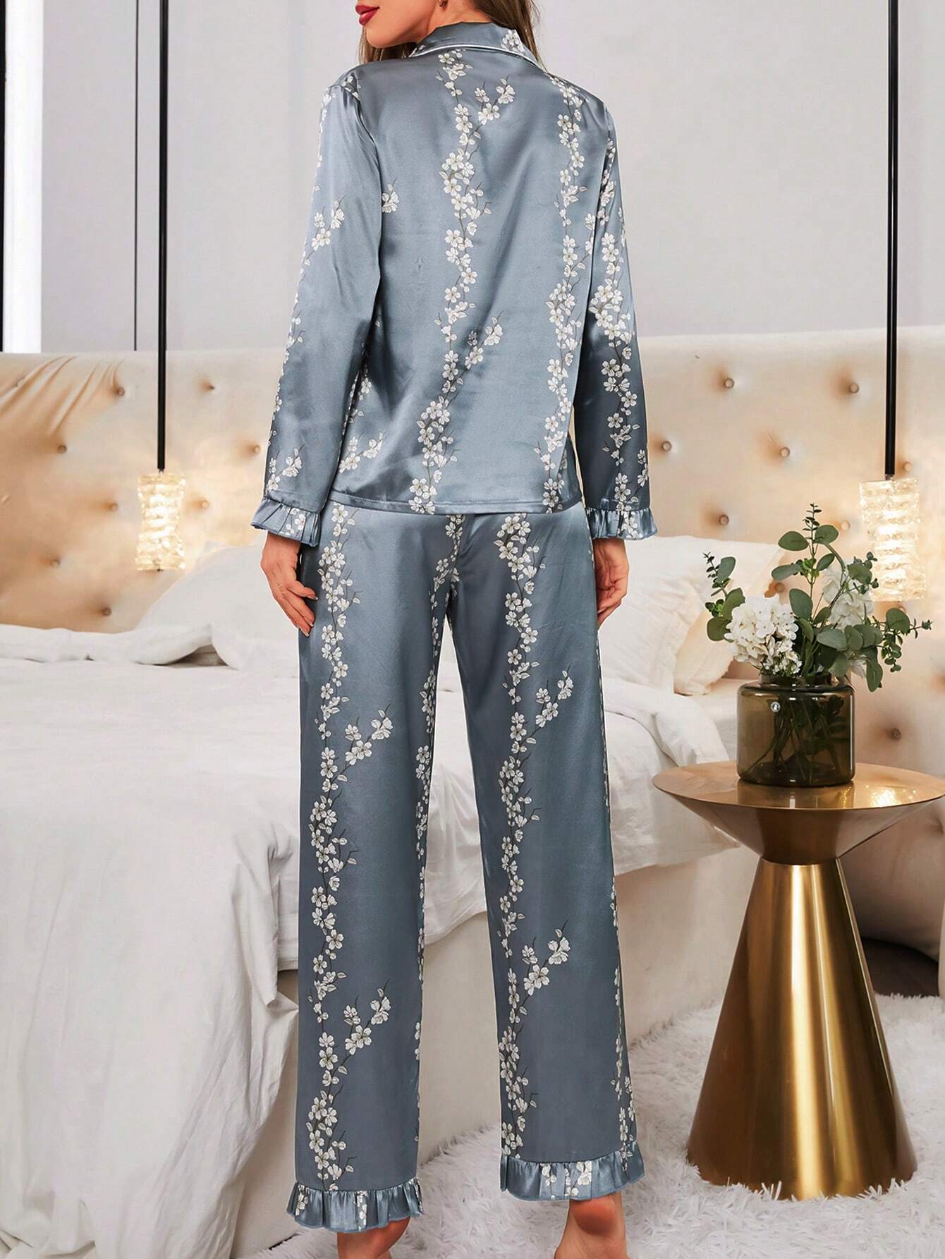 Pijama Americano Feminino Florido Longo Azul