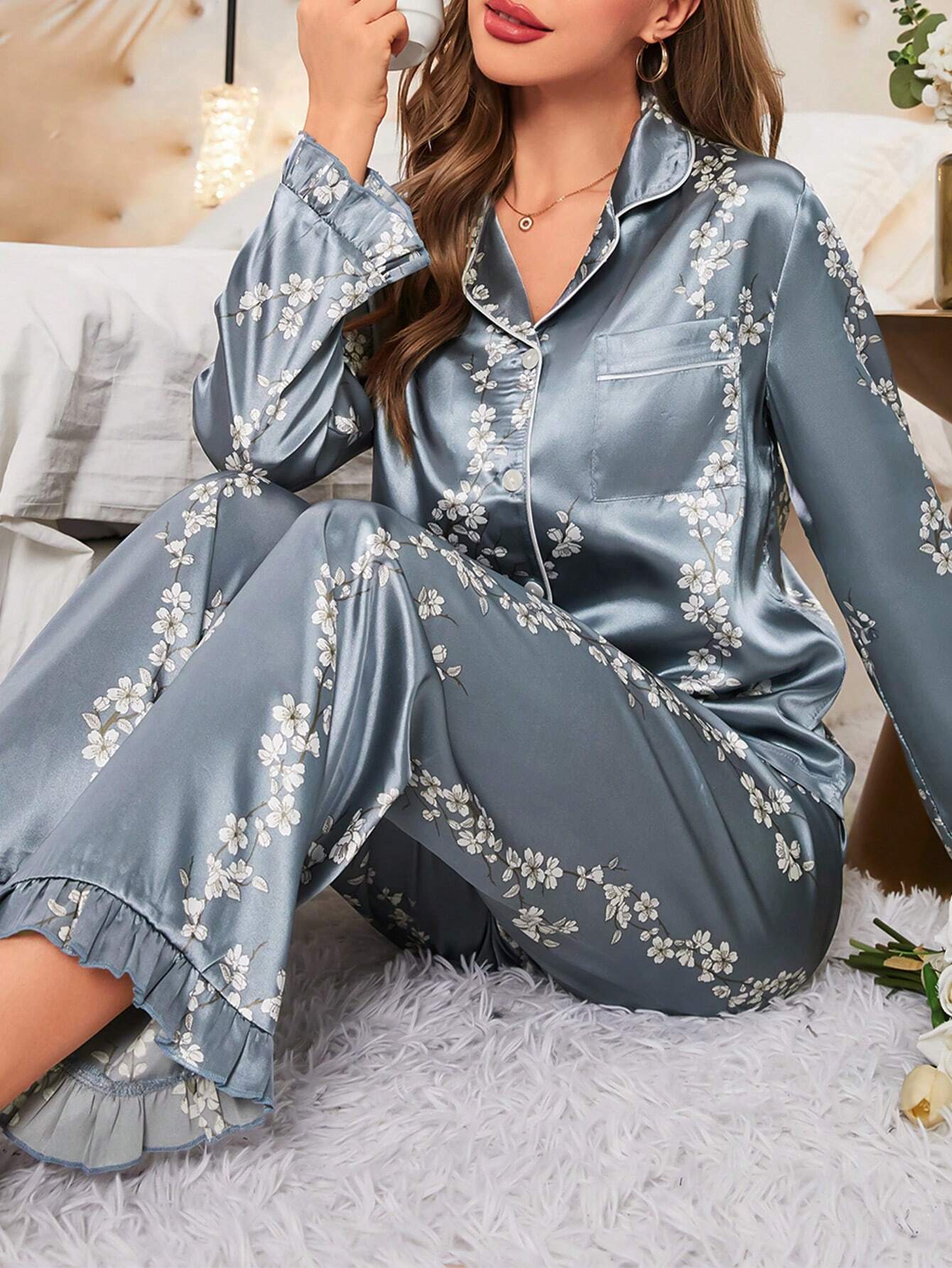 Pijama Americano Feminino Florido Longo Azul