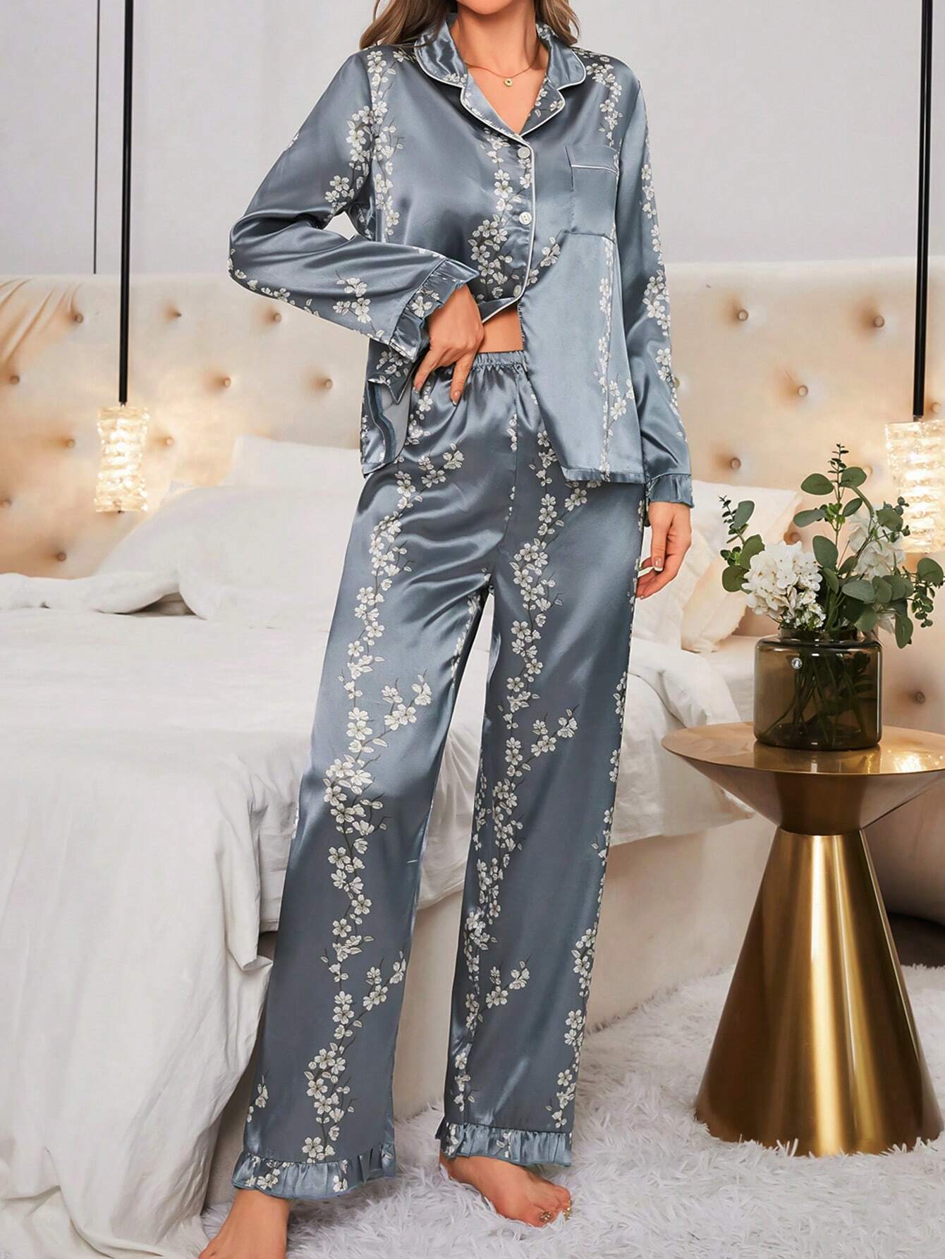 Pijama Americano Feminino Florido Longo Azul