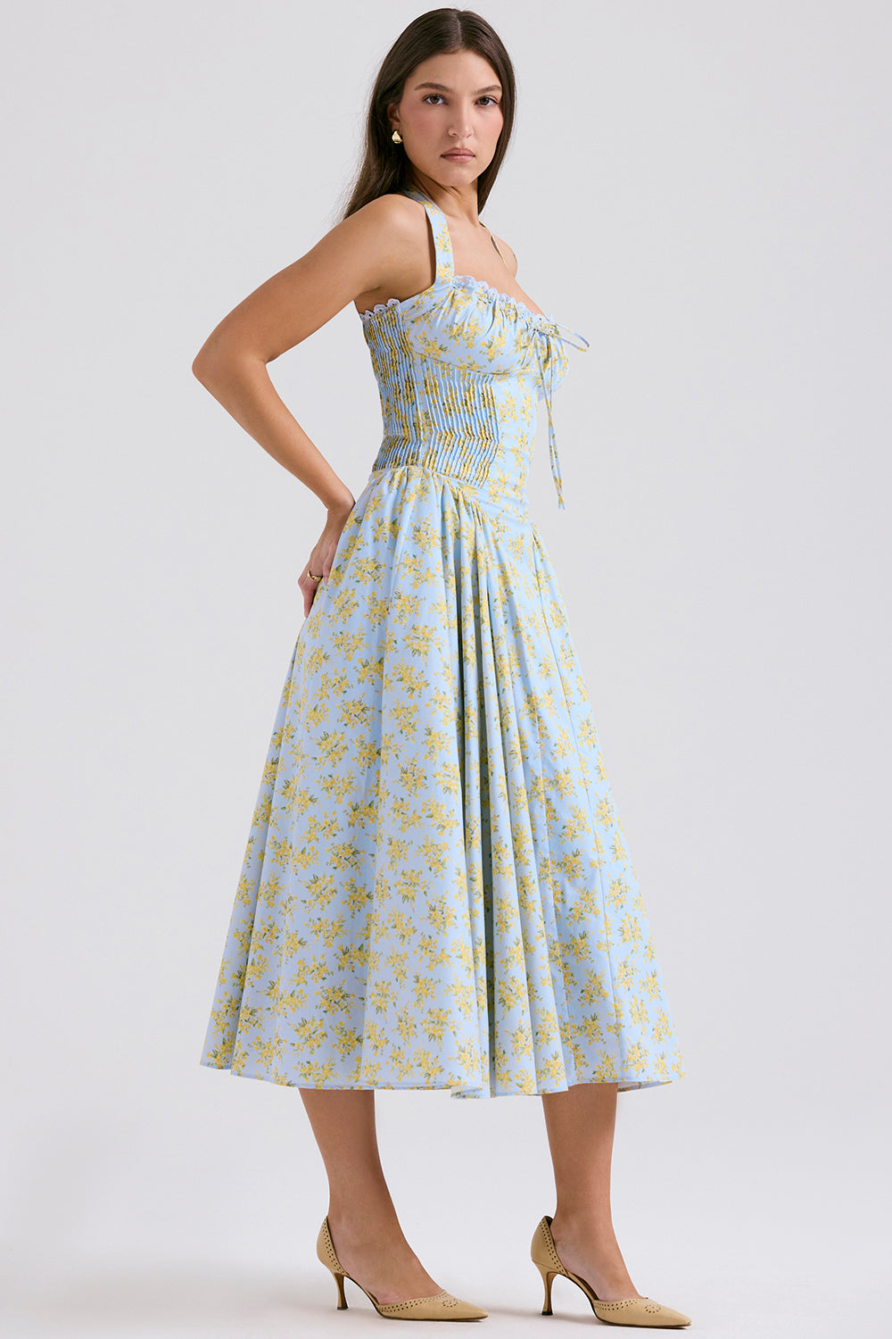 Vestido Midi Modelador de Algodão Floral Modelo Ideabella