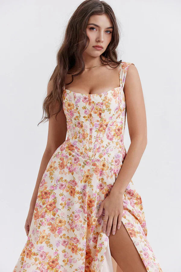 Vestido Midi Viral Modelador de Cintura Floral Modelo Saionara