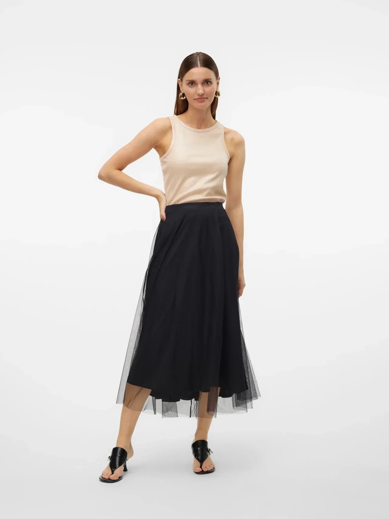 Saia Midi Plissada de Tule Preta