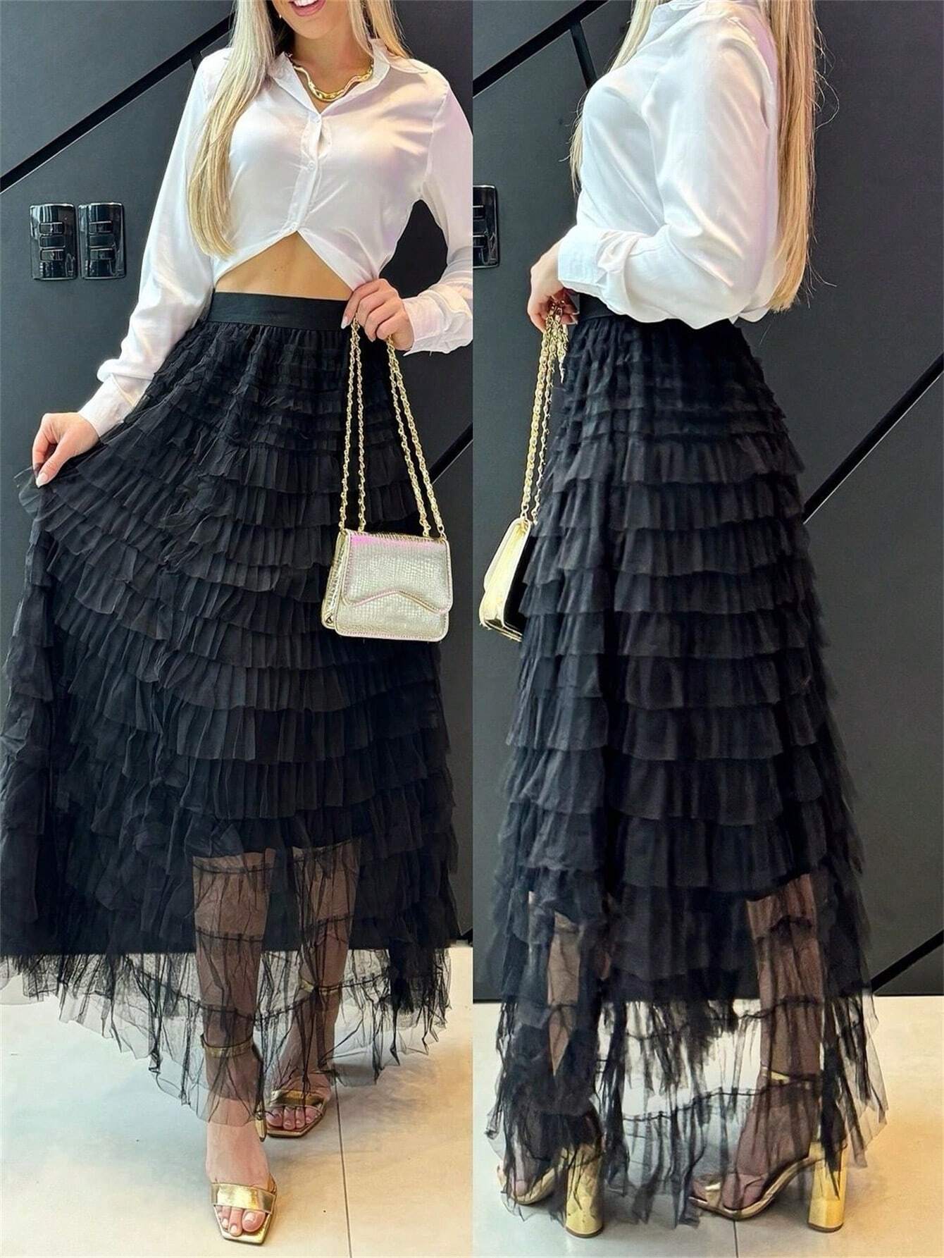 Saia de Tule Longa com Babados em Camadas