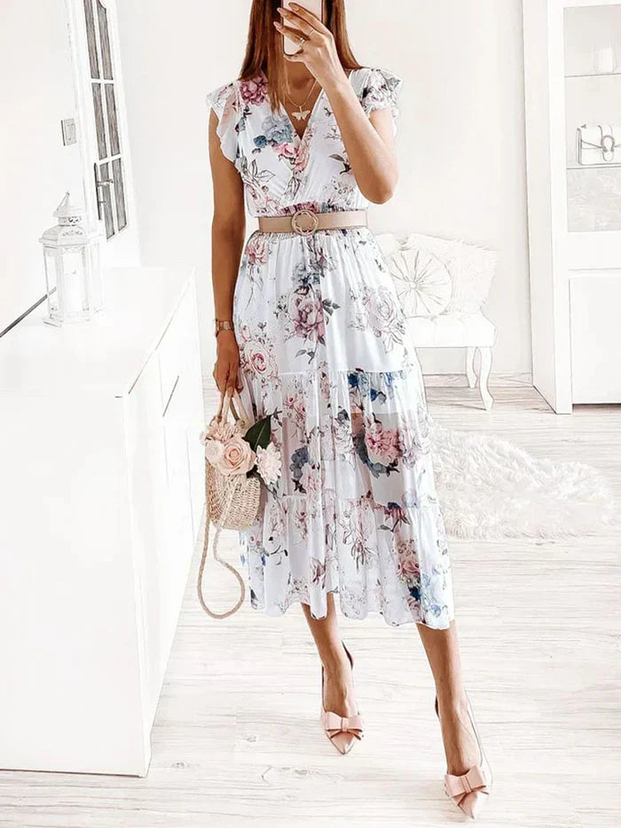 Vestido Midi Floral Cintura Elástica Decote V